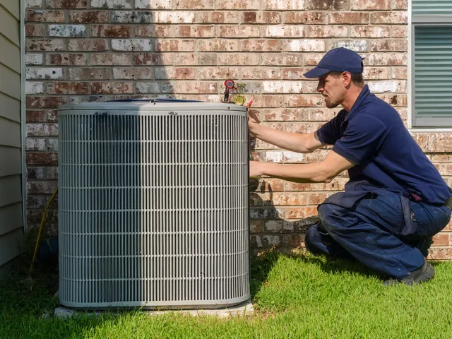 Technician installing an outdoor air conditioning unit