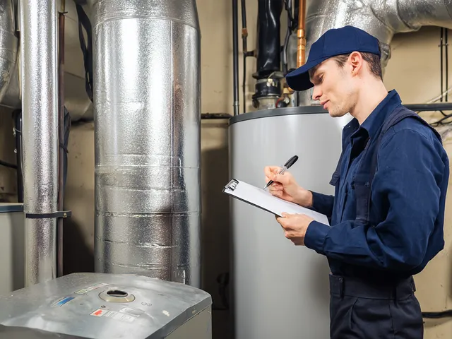HVAC technician performing preventive maintenance on an air handler