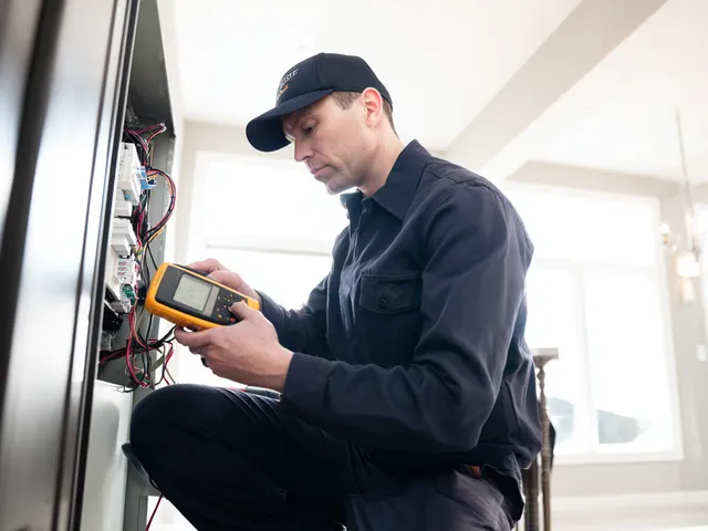 HVAC technician diagnosing a broken heat pump with diagnostic tools